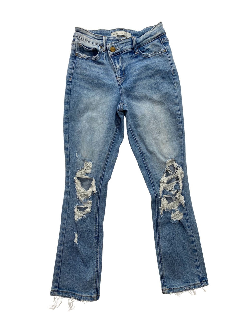Altar'd State Mica Denim Distressed Jeans Women’s 24 Crossover Button Raw Hem
